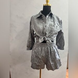 Crinkled Metallic Two-Piece Set — Silver Crop Shirt & Shorts